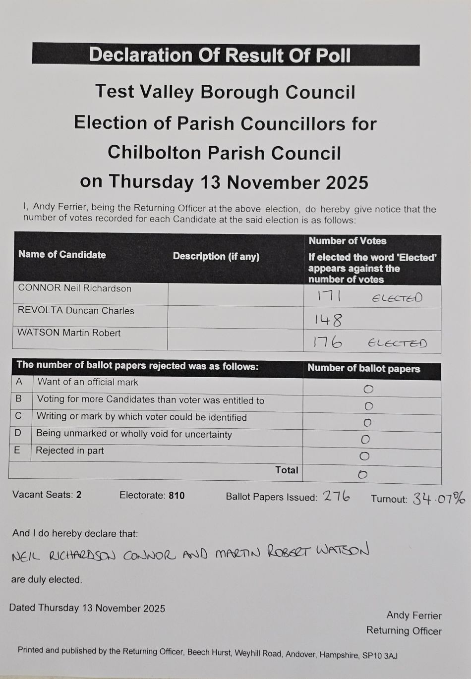 The official Declaration of Result of Poll